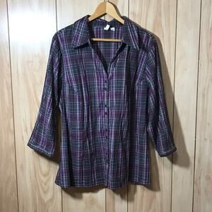 St John's Bay Purple Plaid Collared V-Neck 3/4 Sleeve Women Tunic Blouse 1X